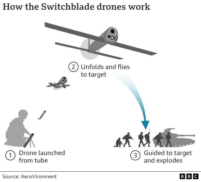 Gráficos que muestran cómo se disparan los drones Switchblade y cómo atacan a los objetivos enemigos